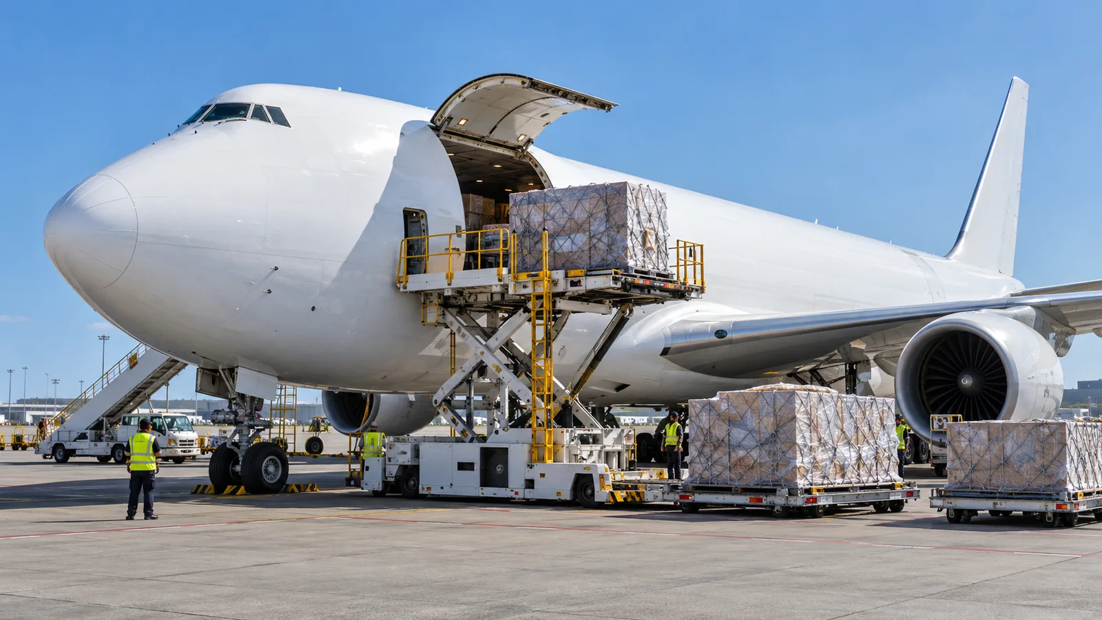 Palletized freight on a high-loader beside a white cargo aircraft at an airport