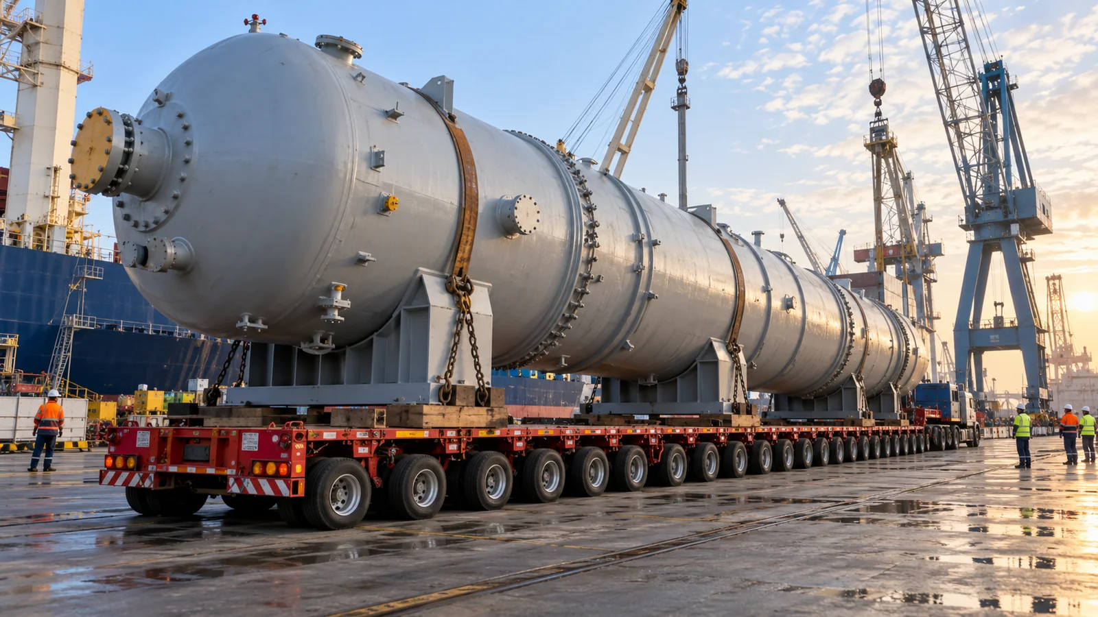 Oversized industrial pressure vessel secured on a multi-axle trailer in a port yard