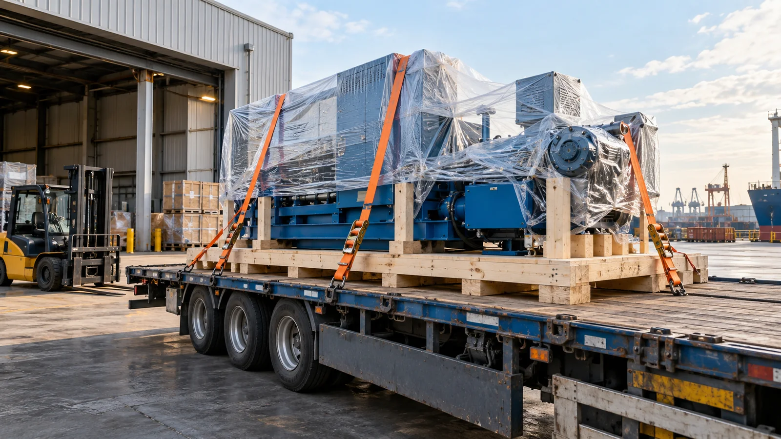 Wrapped industrial machine on a timber skid secured to a flatbed trailer in a shipping bay