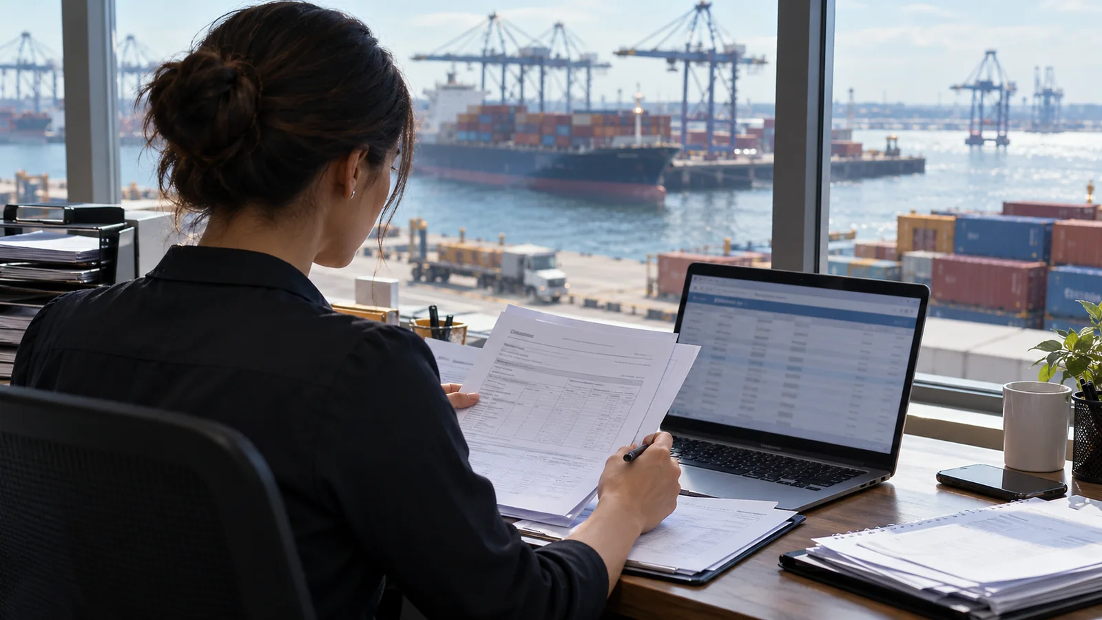 Freight coordinator reviewing shipping paperwork beside a laptop overlooking a container port