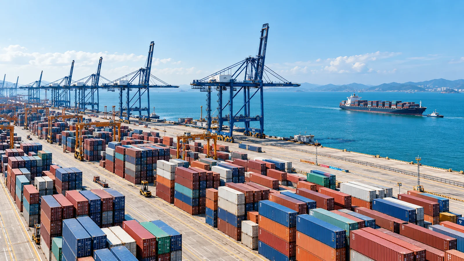Organized container terminal with gantry cranes and freight activity beside the sea