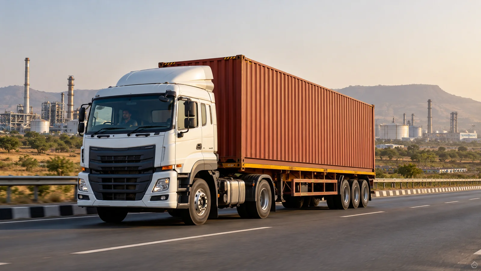 Commercial container truck travelling along an Indian industrial highway