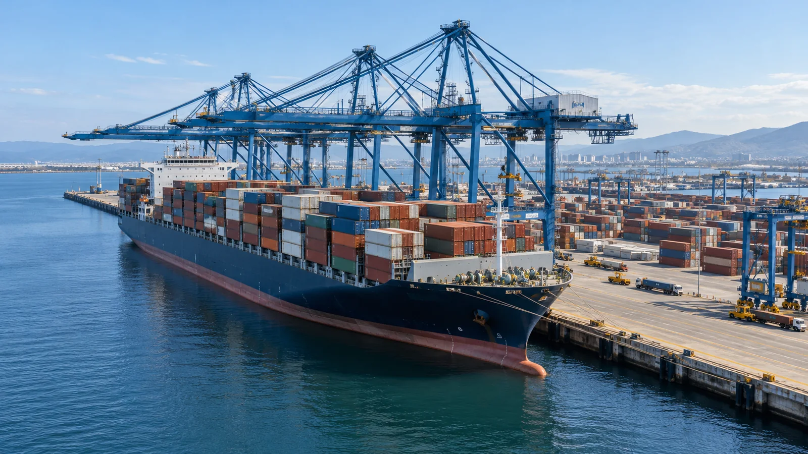 Container vessel alongside blue ship-to-shore cranes at a commercial seaport