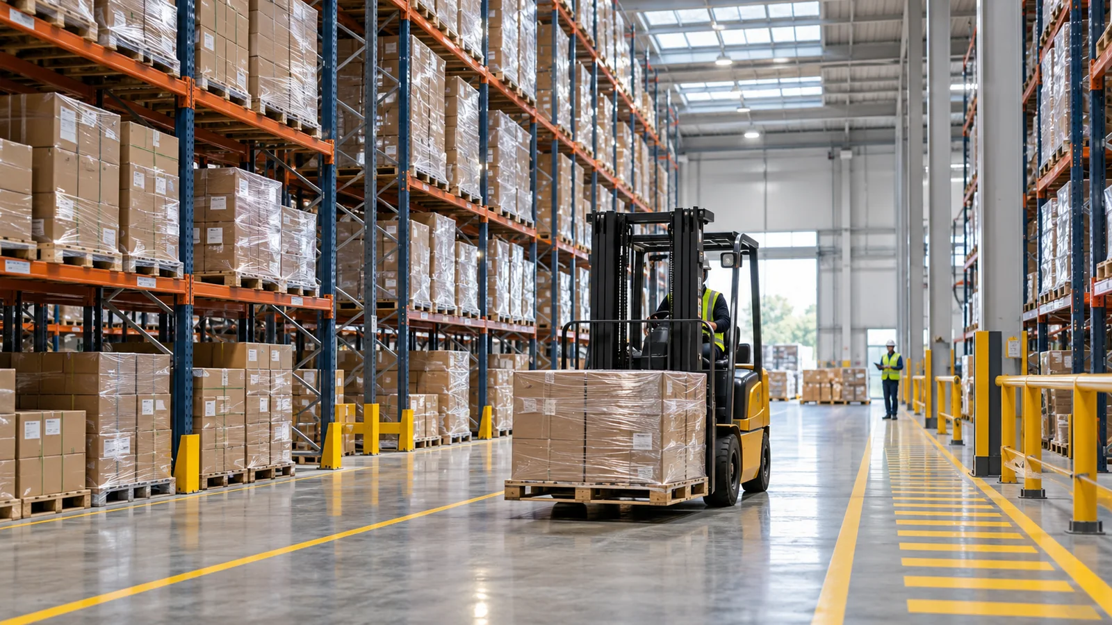 Pallet racks and packaged goods in a modern warehouse with a forklift in a clear aisle